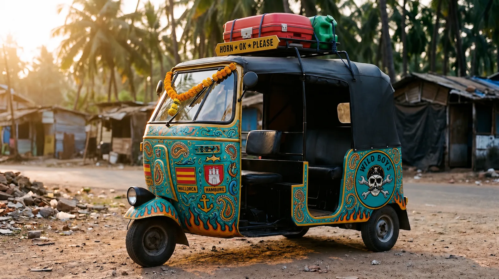 Die bemalte Rikscha des Teams Wild Boys, Seitenansicht auf einer Straße in Indien